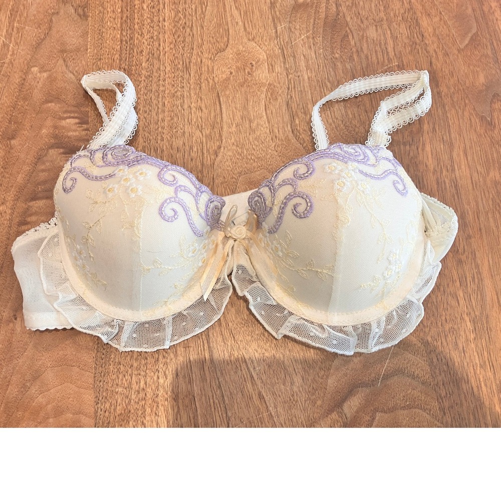 Bartz Lingerie Cream Floral Embroidered Ruffle Lace Underwire Padded Bra 80A